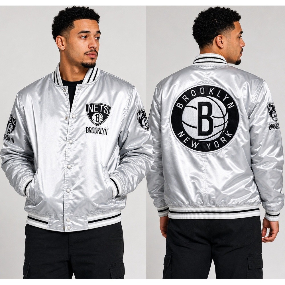 Brooklyn Nets Silver Satin Jacket NBA Logo Official Licensed Apparel 2XL
